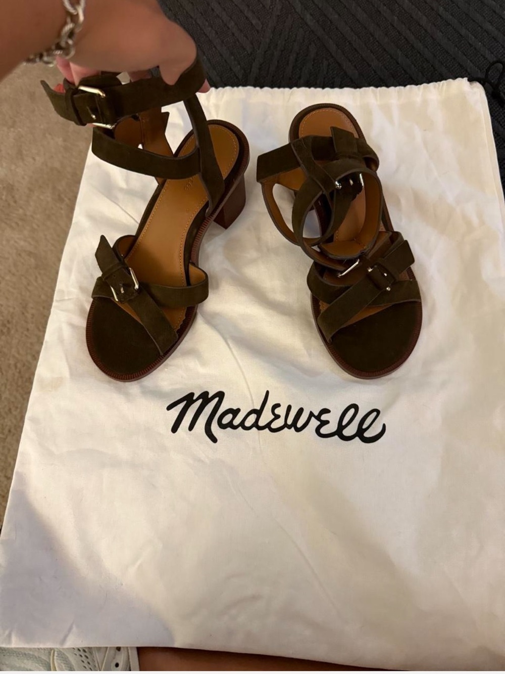 Madewell Olive Suede Strappy Block Heel Sandals